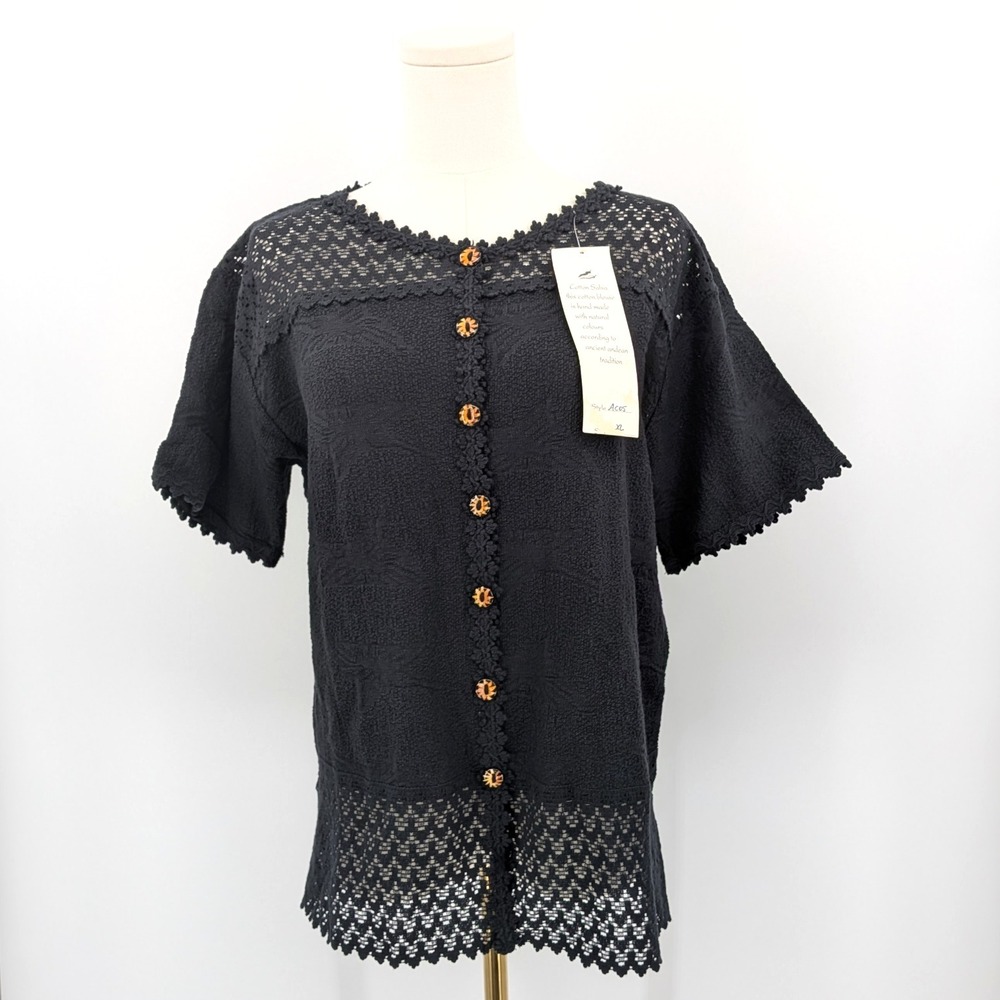 Cotton Salsa Black Crochet Lace Button Blouse Handmade‎ sz XL Boho Chic Artisan